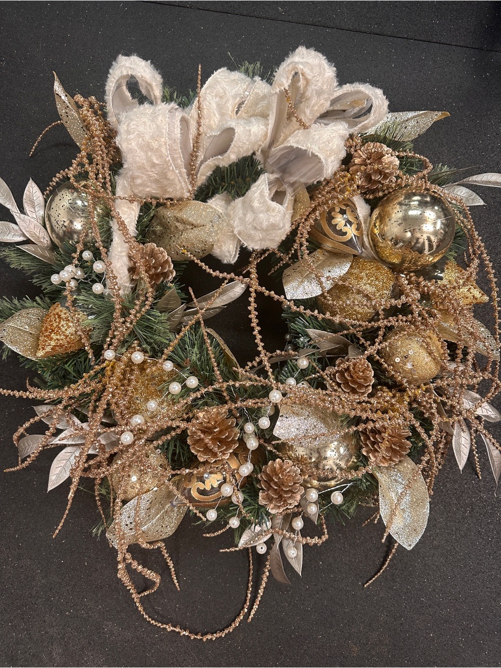 Gold and Cream Festive Holiday Wreath with Pearl Accents